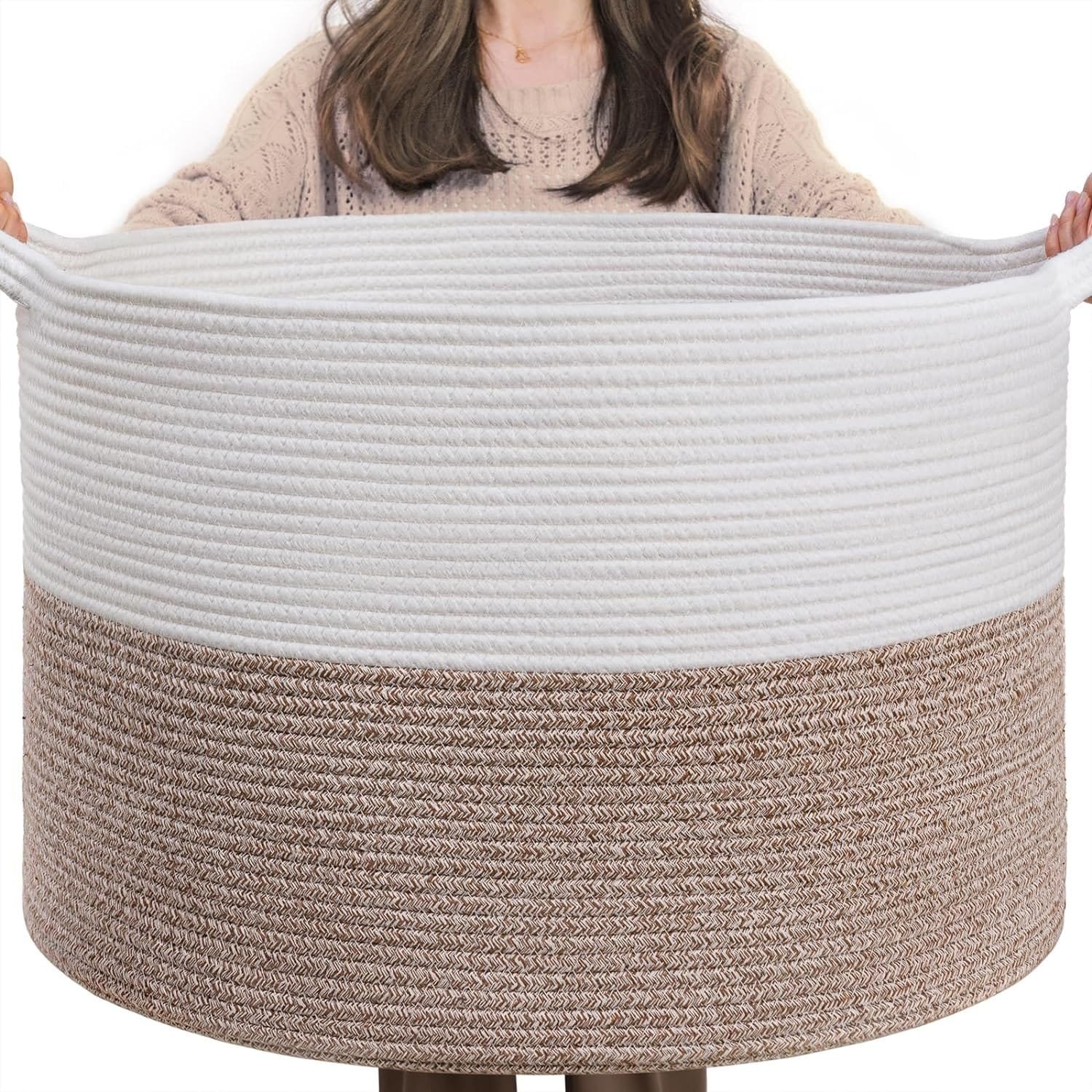 81DiiOn9cHL._AC_SL1500_.jpg Cotton Rope Laundry Basket 16x16x14 Inches - Image 1