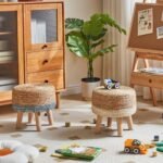 Jute Seagrass Stool White Stripes | 12.6" Small Ottoman, Round Footrest for Living Room, Bedroom, Entryway, Change Shoes Stool, Non-Skid Wood Legs, Boho, Natural+White - Image 7