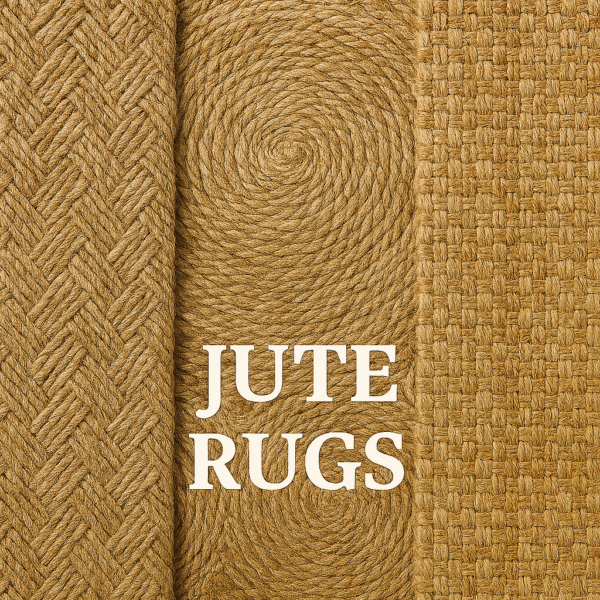 “Thumbnail showing three jute rugs side by side—a braided round rug on the left, a diamond-patterned rectangular rug in the center, and a fringed circular rug on the right—set against a soft sand-colored background with the words ‘Jute Rugs’ in a warm serif font