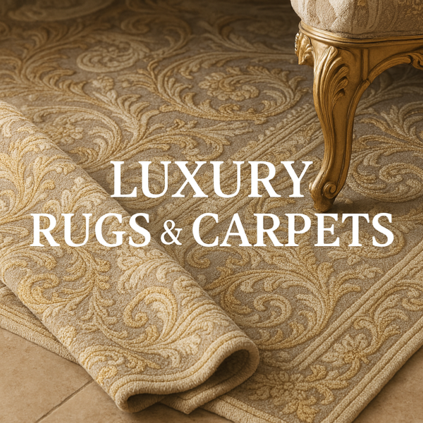 High-end geometric-patterned area rug in cream and gold tones laid on a marble floor, illuminated by soft natural light that highlights its plush, intricate texture.